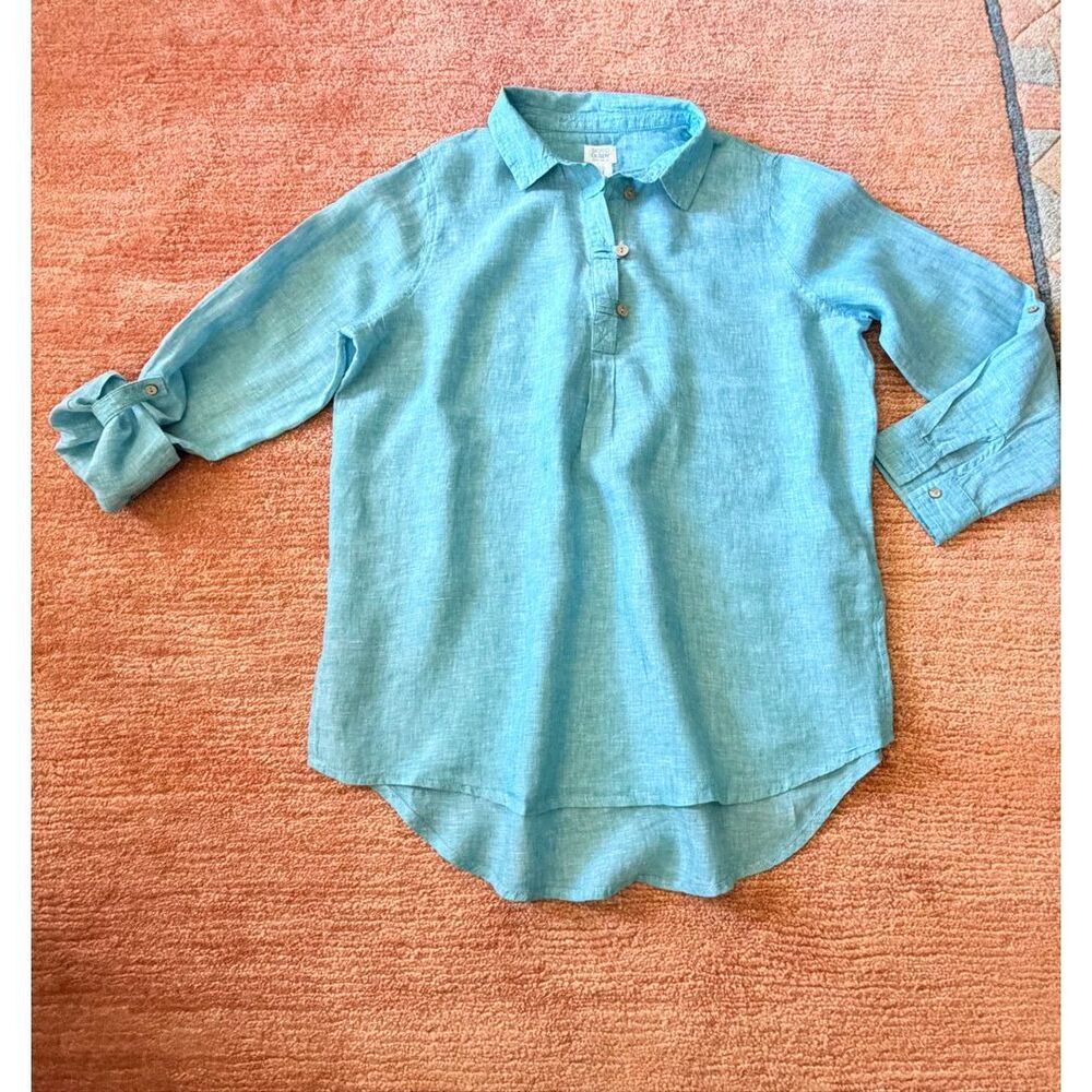 Sigrid Olsen Linen Shirt Blue Roll Tab Sleeves Side Slits Size L